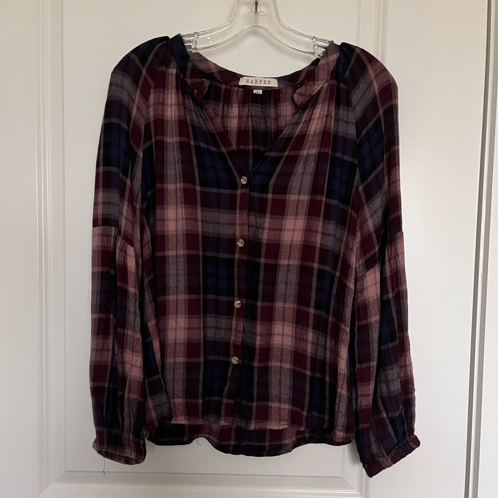 Purple plaid long sleeve blouse, size S